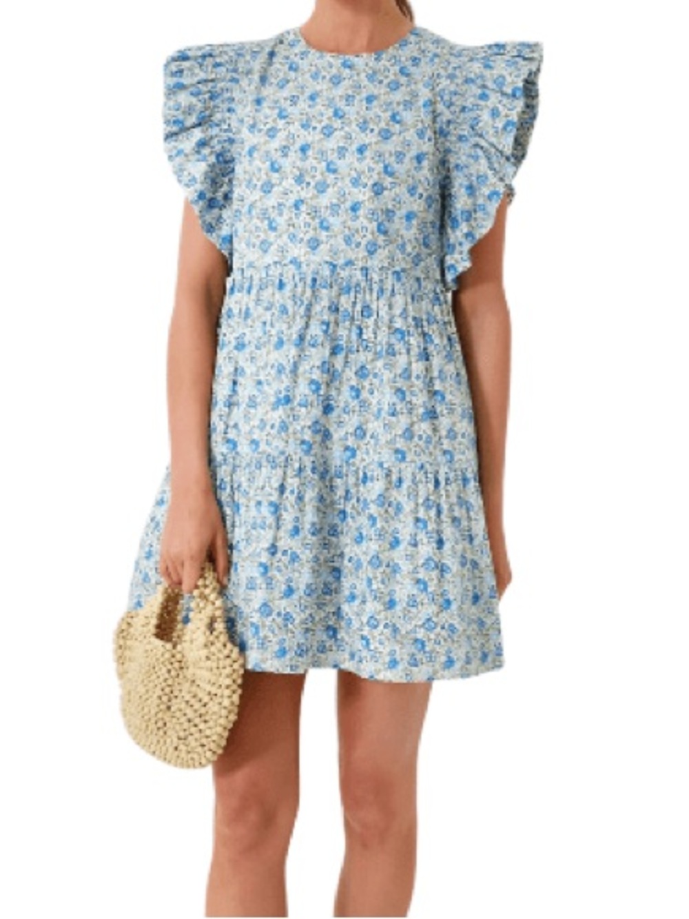 Blue Floral Mini Dress with Flutter Sleeves